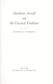 Front cover of Matthew Arnold and the classical tradition by Warren D. Anderson