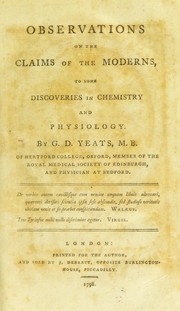Front cover of Observations on the claims of the moderns, to some discoveries in chemistry and physiology by Grant David Yeats