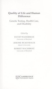 Front cover of Quality of life and human difference by David T. Wasserman