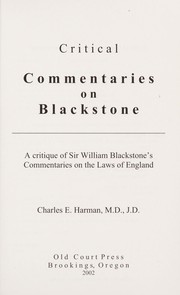 Cover of Critical commentaries on Blackstone by Charles E. Harman