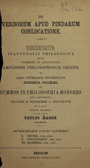 Front cover of De verborum apud Pindarum conlocatione ... by Paul Harre