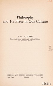 Front cover of Philosophy and its place in our culture by J. O. Wisdom