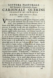 Cover of Lettera pastorale dell' eminentiss. e reverendiss. signore cardinale Querini, vescovo di Brescia, al suo clero e popolo della città i diocesi, intorno ai teatri by Angelo Maria Quirini