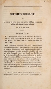 Front cover of Nouvelles recherches sur les relations qui peuvent exister entre la forme cristalline, la composition chimique et le phénomène rotatoire moléculaire by Louis Pasteur