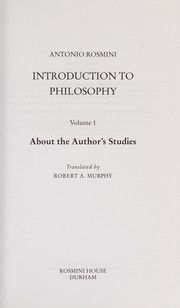 Cover of Introduction to Philosophy, Volume 1 by Antonio Rosmini