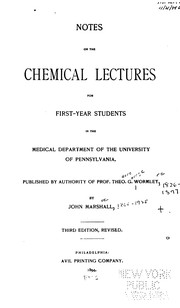 Cover of Notes on the Chemical Lectures for First-year Students in the Medical Department of the ... by Theodore George Wormley
