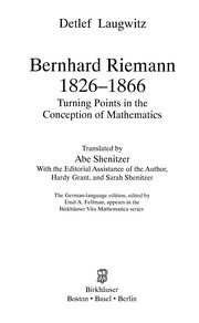 Front cover of Bernhard Riemann 1826-1866 by Detlef Laugwitz