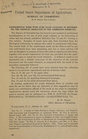 Front cover of Experimental work with pure yeast cultures in determining the chemical character of the fermented products by United States. Bureau of Chemistry