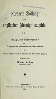 Front cover of Herbarts stellung zur englischen moralphilosophie by Walter Mohns