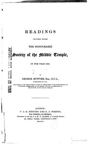 Front cover of Readings delivered before the honourable Society of the Middle Temple by Bowyer, George.